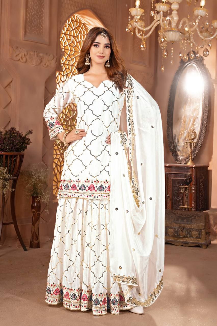 Chinon Silk Embroidered Sharara Palazzo Set with Dupatta