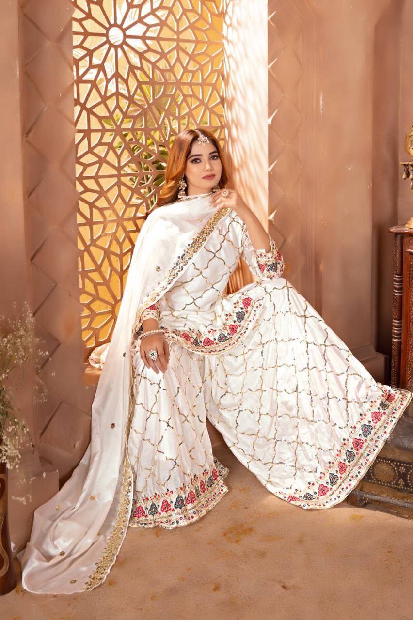 Chinon Silk Embroidered Sharara Palazzo Set with Dupatta