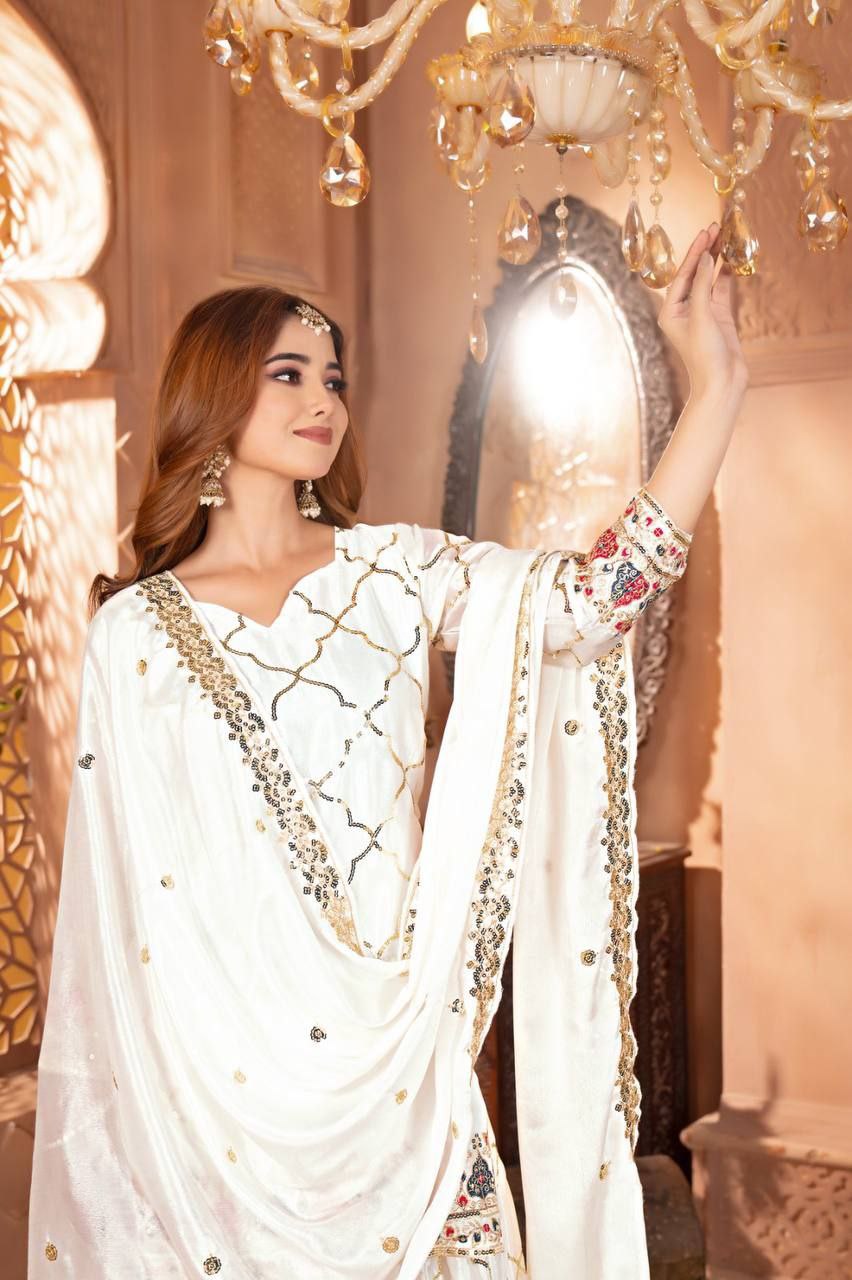 Chinon Silk Embroidered Sharara Palazzo Set with Dupatta