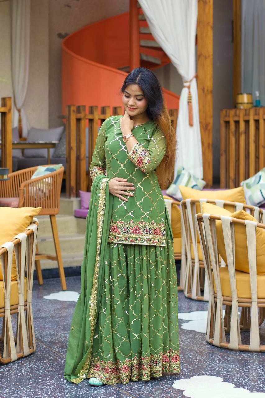 Chinon Silk Embroidered Sharara Palazzo Set with Dupatta