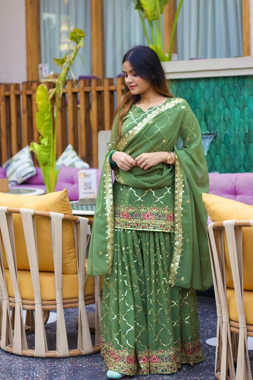 Chinon Silk Embroidered Sharara Palazzo Set with Dupatta