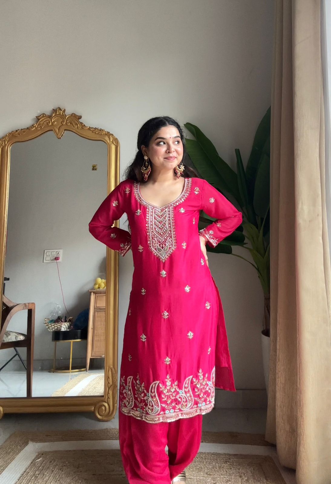 Red Chinon Kurti Salwar Set with Beaded Embroidered Dupatta – Party Wear