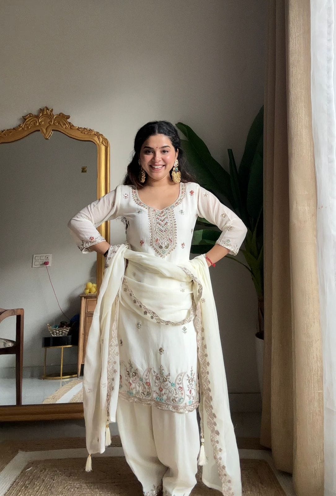 Red Chinon Kurti Salwar Set with Beaded Embroidered Dupatta – Party Wear