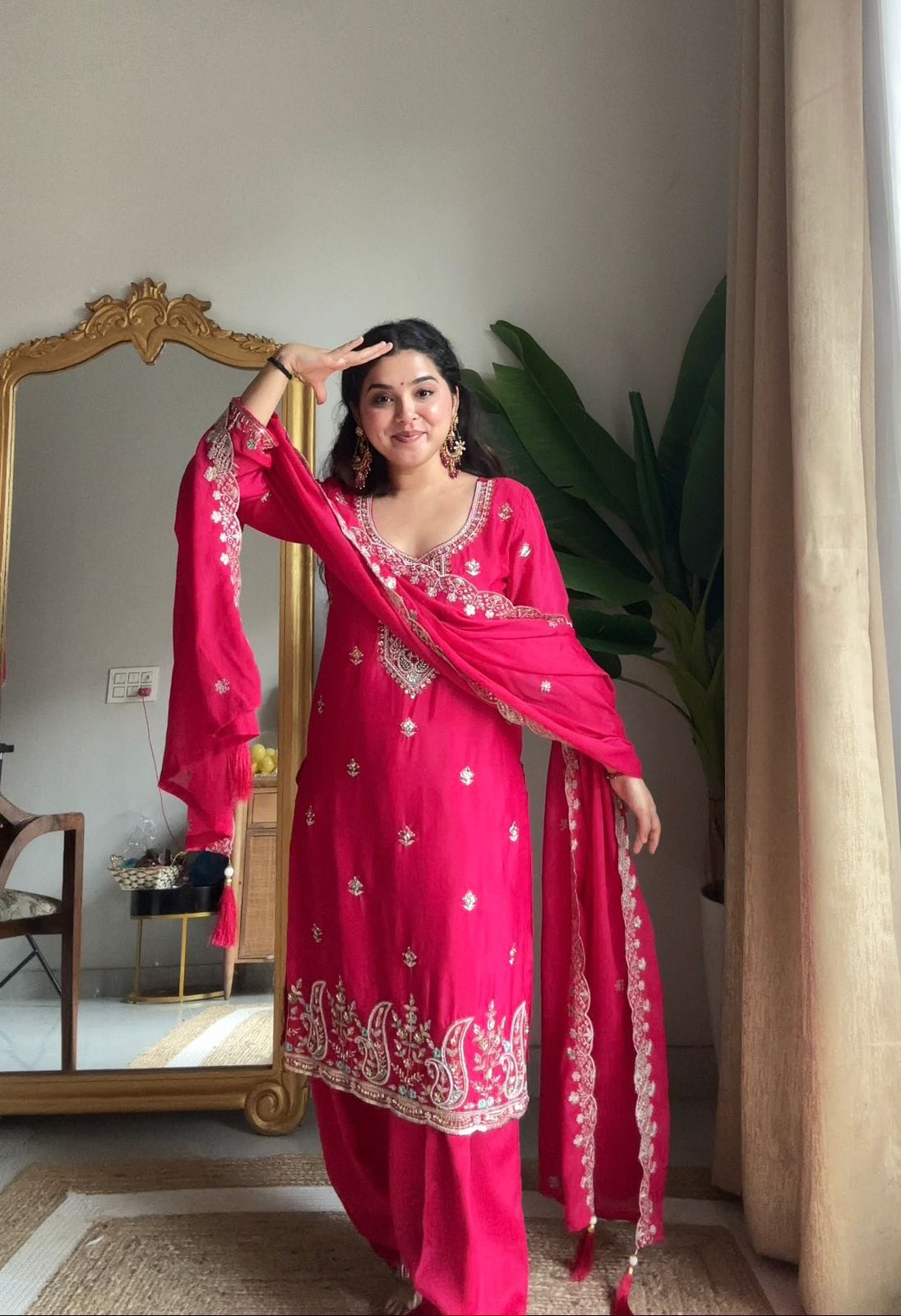 Red Chinon Kurti Salwar Set with Beaded Embroidered Dupatta – Party Wear