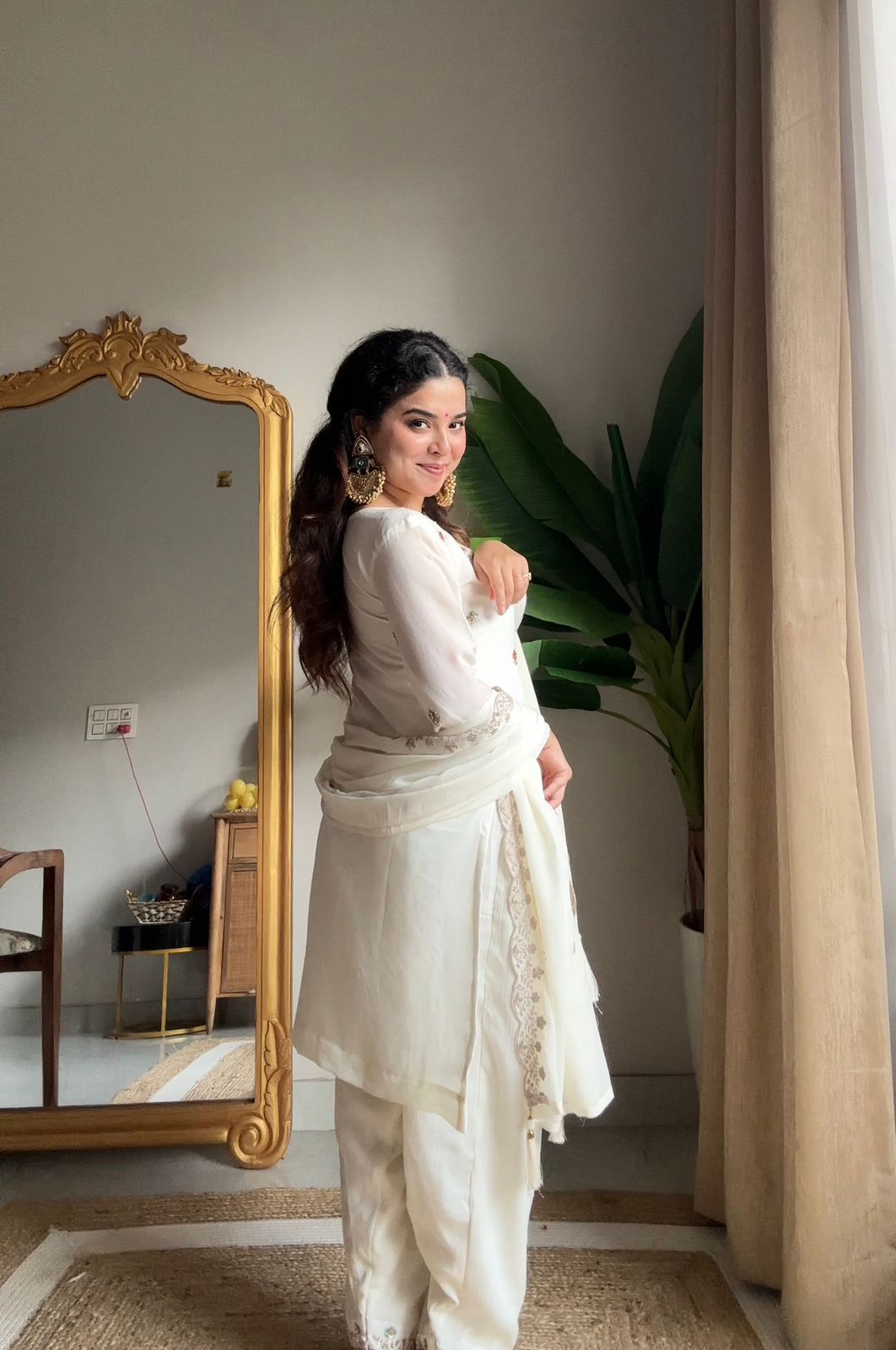 Red Chinon Kurti Salwar Set with Beaded Embroidered Dupatta – Party Wear