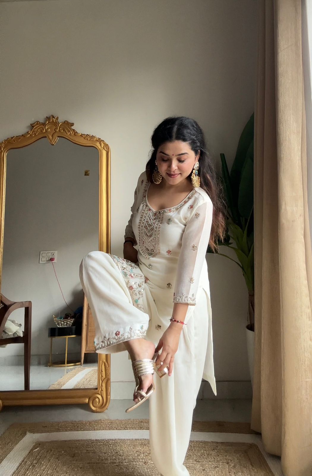 Red Chinon Kurti Salwar Set with Beaded Embroidered Dupatta – Party Wear