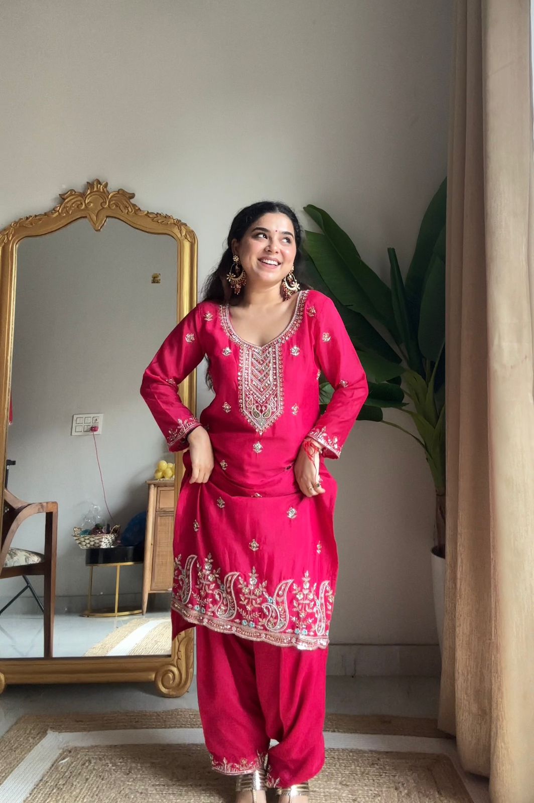 Red Chinon Kurti Salwar Set with Beaded Embroidered Dupatta – Party Wear