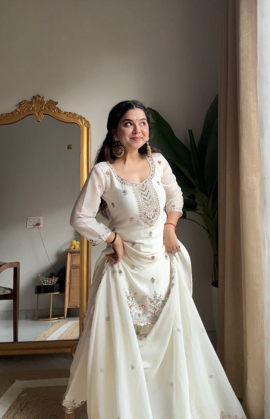 Red Chinon Kurti Salwar Set with Beaded Embroidered Dupatta – Party Wear