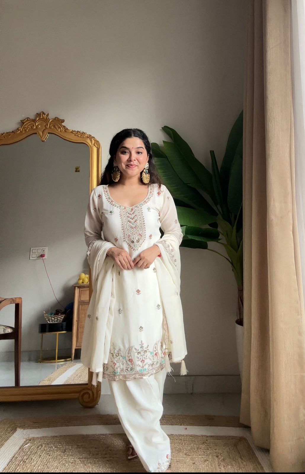 Red Chinon Kurti Salwar Set with Beaded Embroidered Dupatta – Party Wear