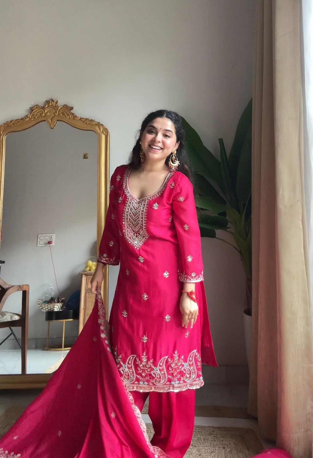 Red Chinon Kurti Salwar Set with Beaded Embroidered Dupatta – Party Wear