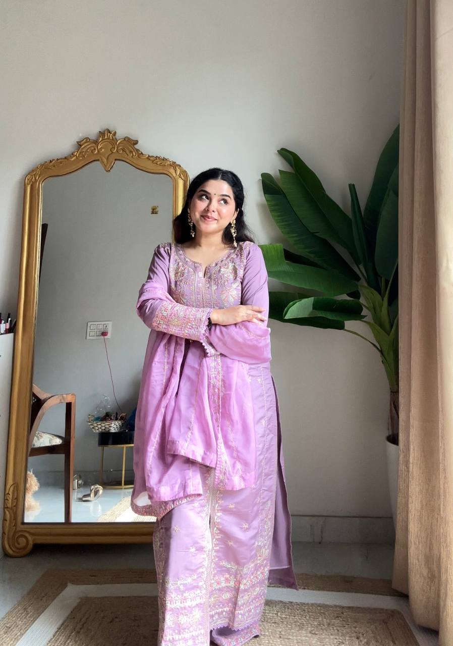 Roman Silk Kurti Plazzo Set with Embroidered Organza Dupatta – Premium Party Wear