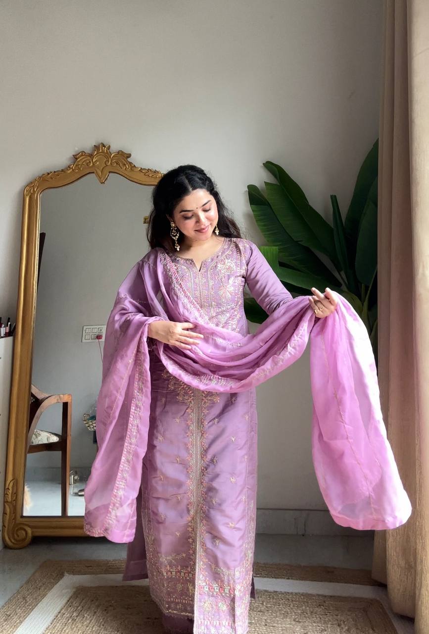 Roman Silk Kurti Plazzo Set with Embroidered Organza Dupatta – Premium Party Wear