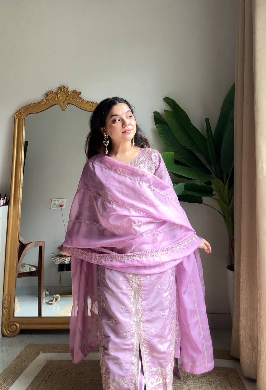 Roman Silk Kurti Plazzo Set with Embroidered Organza Dupatta – Premium Party Wear