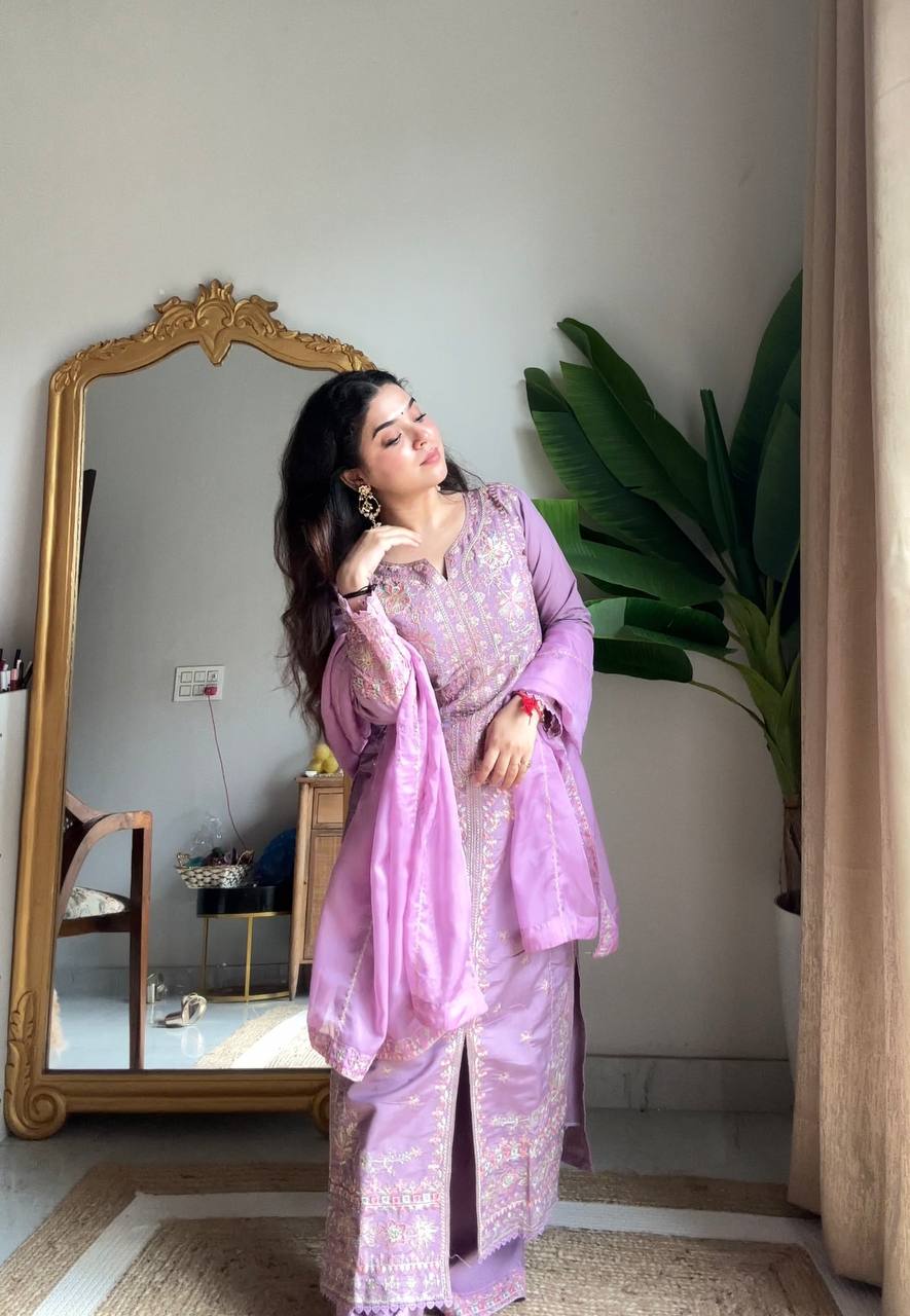 Roman Silk Kurti Plazzo Set with Embroidered Organza Dupatta – Premium Party Wear