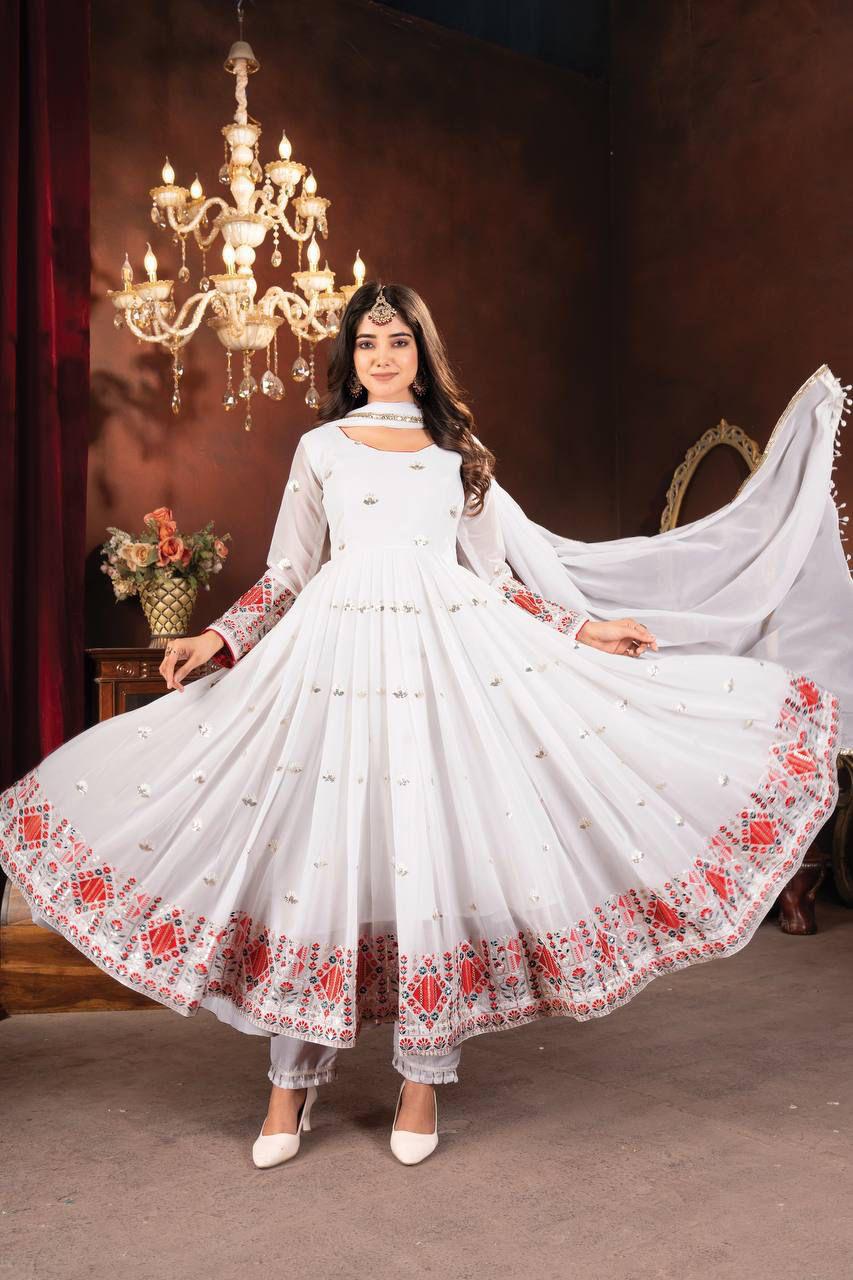 Premium White Anarkali Suit Set with Sequins & Thread Embroidery