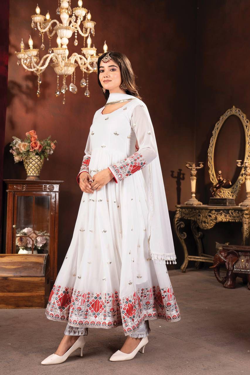 Premium White Anarkali Suit Set with Sequins & Thread Embroidery