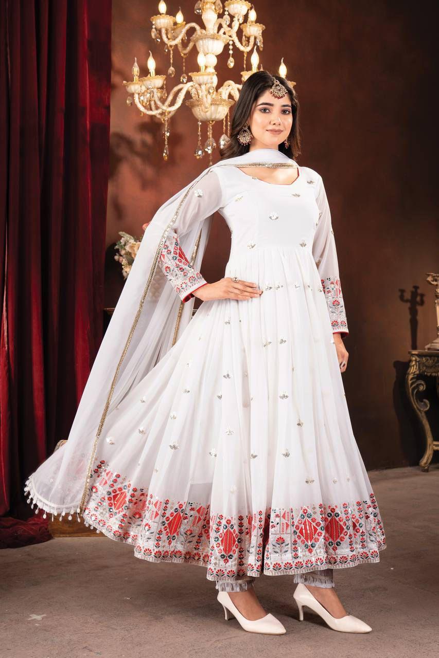 Premium White Anarkali Suit Set with Sequins & Thread Embroidery