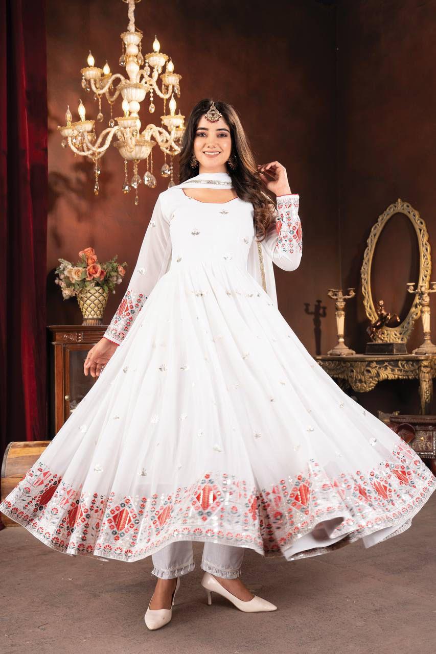 Premium White Anarkali Suit Set with Sequins & Thread Embroidery
