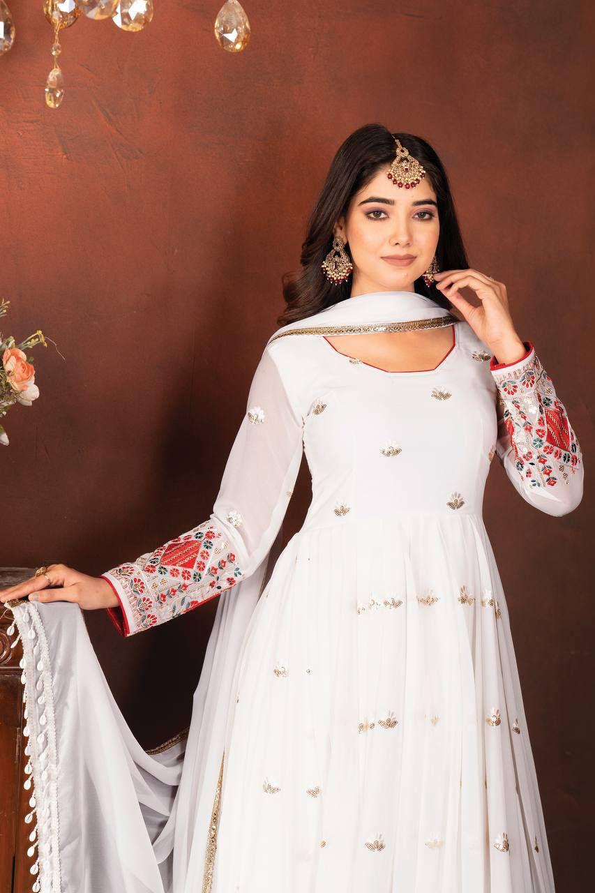 Premium White Anarkali Suit Set with Sequins & Thread Embroidery