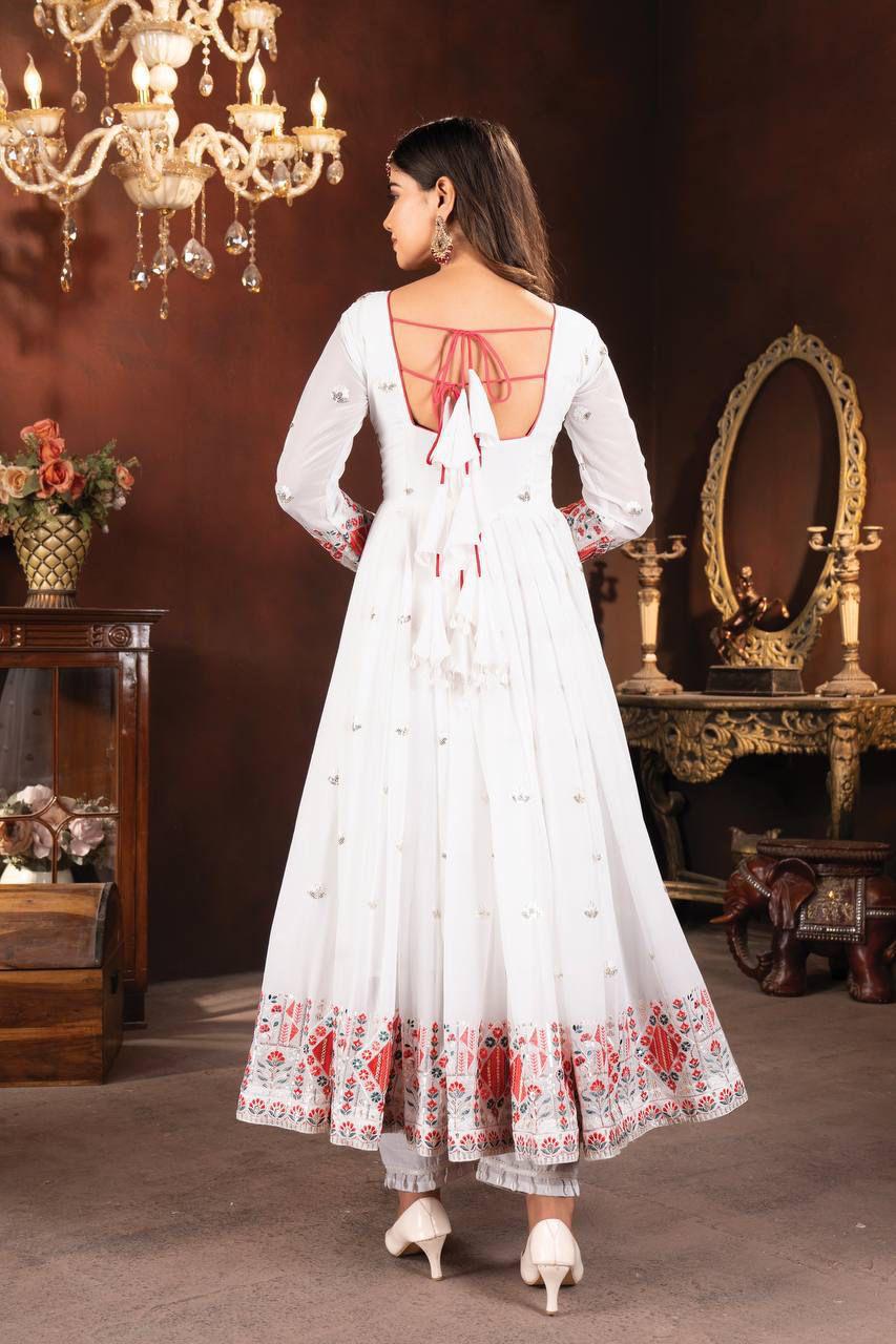 Premium White Anarkali Suit Set with Sequins & Thread Embroidery
