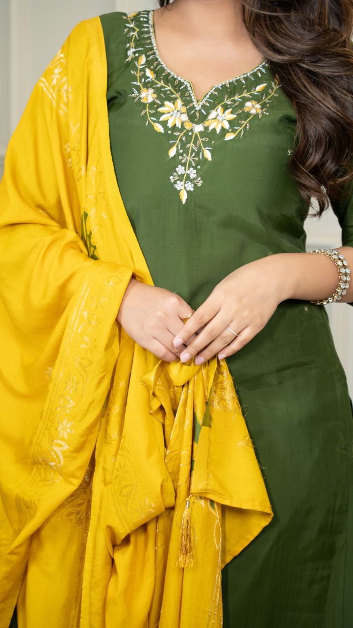 Premium Mahendi Roman Silk Hand Work Kurti Pant Dupatta Set