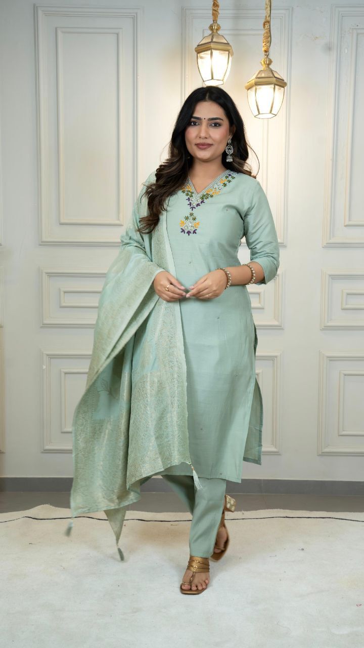 Premium Roman Silk Hand Work Kurti Pant Dupatta Set in C Green