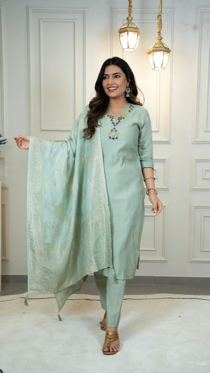 Premium Roman Silk Hand Work Kurti Pant Dupatta Set in C Green