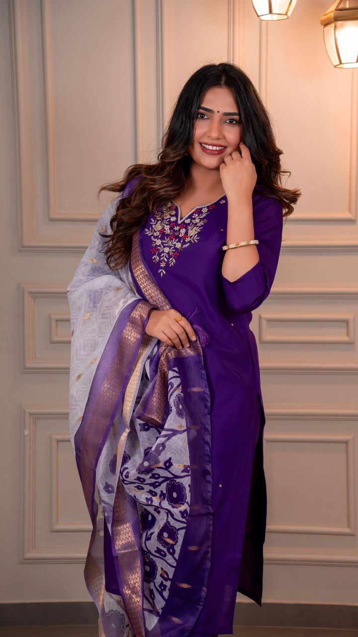 Premium Roman Silk Kurti Pant Dupatta Set with Hand Work and Chanderi Dupatta