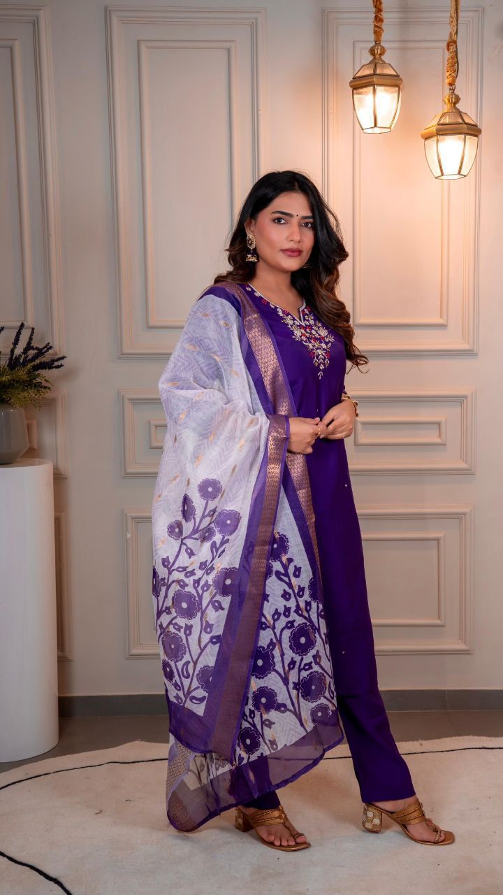 Premium Roman Silk Kurti Pant Dupatta Set with Hand Work and Chanderi Dupatta