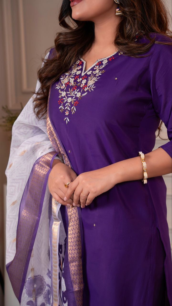 Premium Roman Silk Kurti Pant Dupatta Set with Hand Work and Chanderi Dupatta