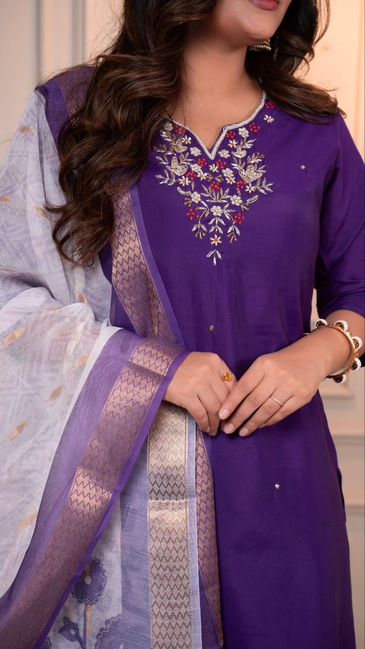 Premium Roman Silk Kurti Pant Dupatta Set with Hand Work and Chanderi Dupatta