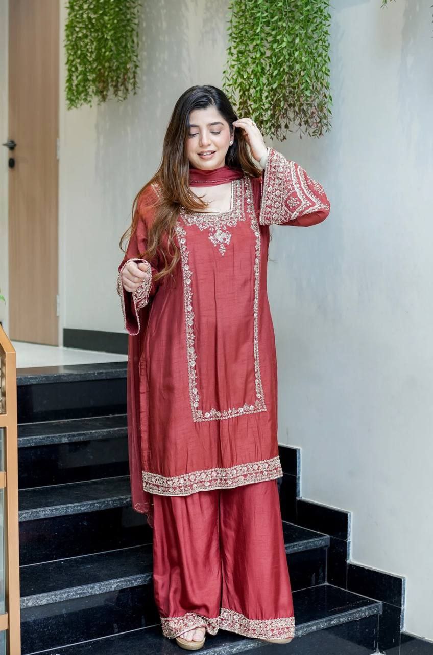 German Chiffon Embroidered Top & Plazzo Set with Dupatta