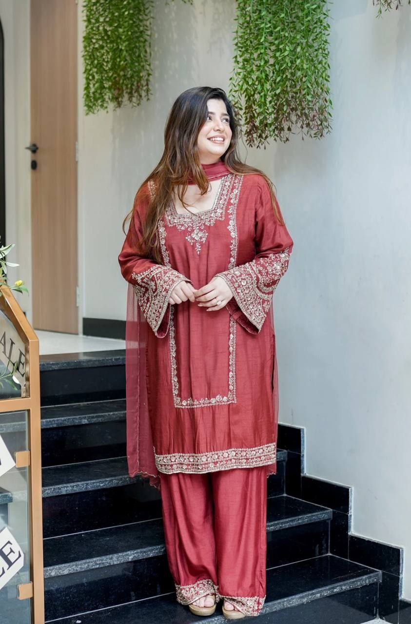German Chiffon Embroidered Top & Plazzo Set with Dupatta