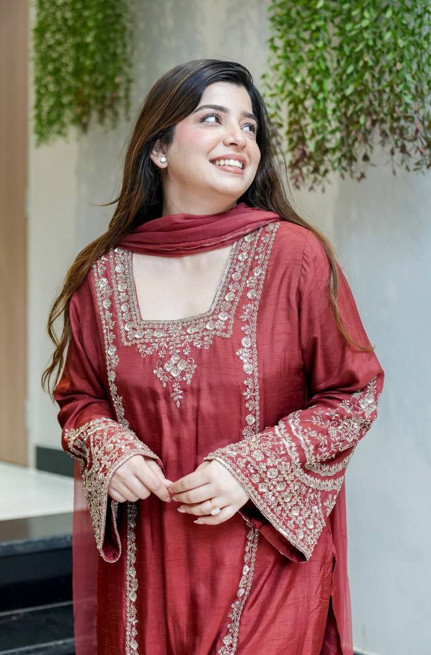German Chiffon Embroidered Top & Plazzo Set with Dupatta
