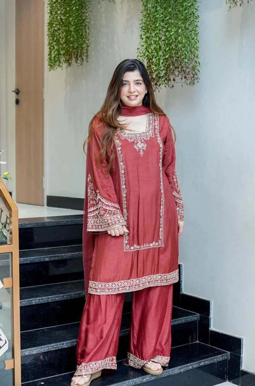 German Chiffon Embroidered Top & Plazzo Set with Dupatta
