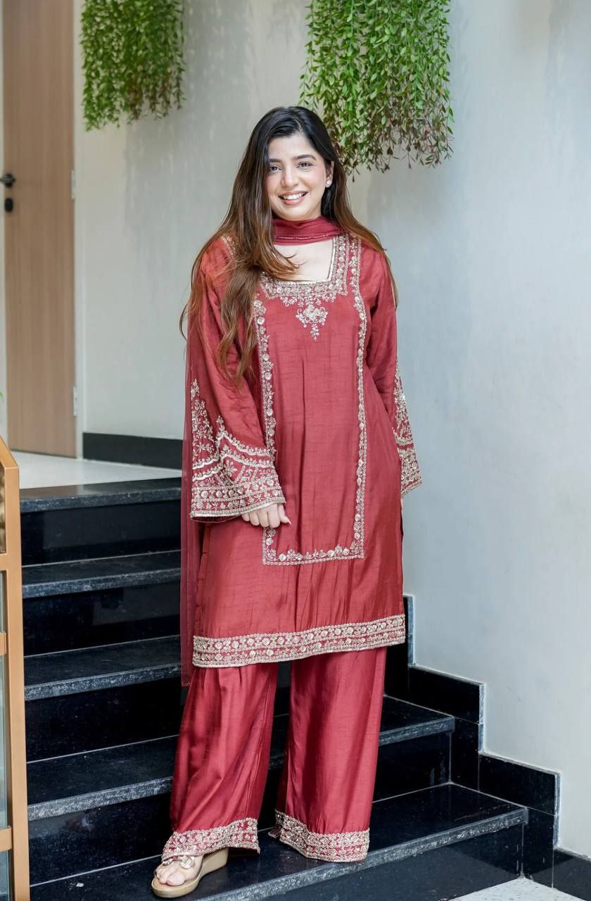 German Chiffon Embroidered Top & Plazzo Set with Dupatta