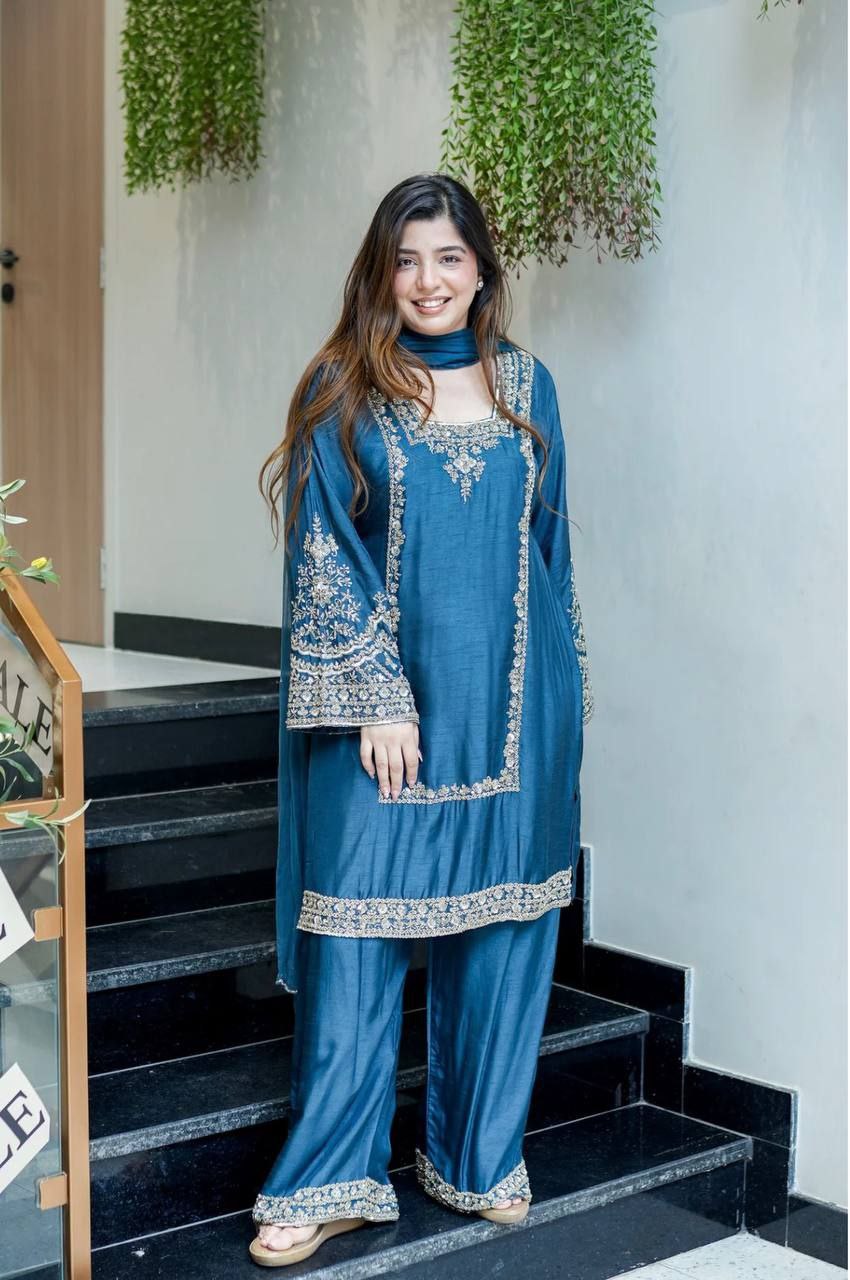 German Chiffon Embroidered Top & Plazzo Set with Dupatta