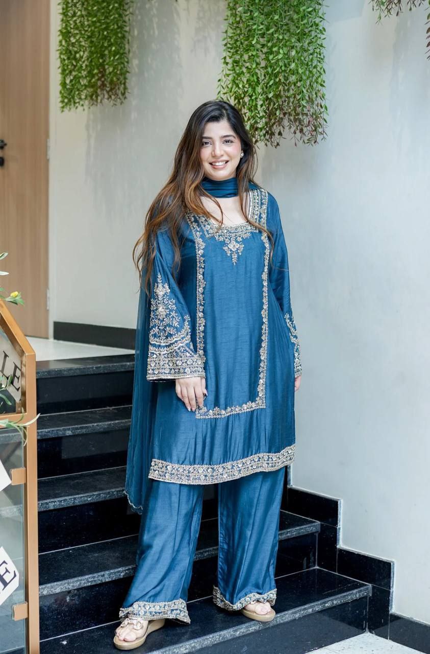 German Chiffon Embroidered Top & Plazzo Set with Dupatta
