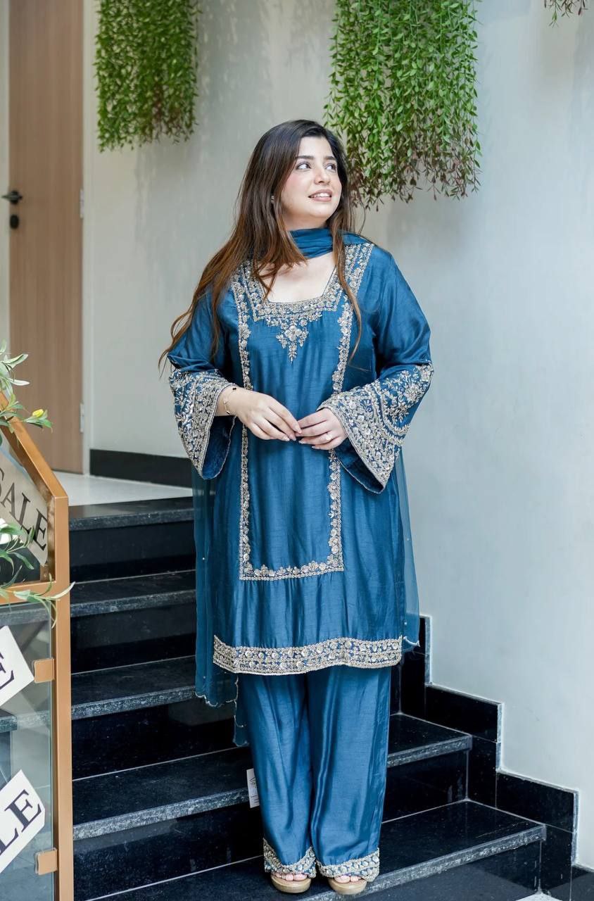 German Chiffon Embroidered Top & Plazzo Set with Dupatta