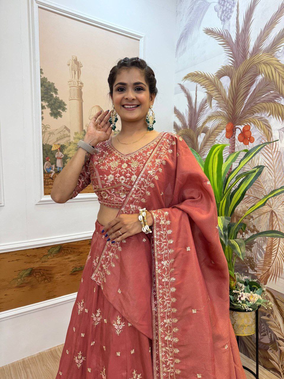 Sage Green & Burnt Rust-Orange Premium Shimmer Embroidered Lehenga, Blouse & Dupatta Set