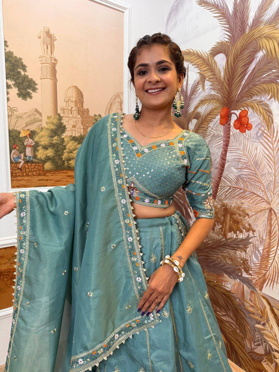 Sage Green & Burnt Rust-Orange Premium Shimmer Embroidered Lehenga, Blouse & Dupatta Set