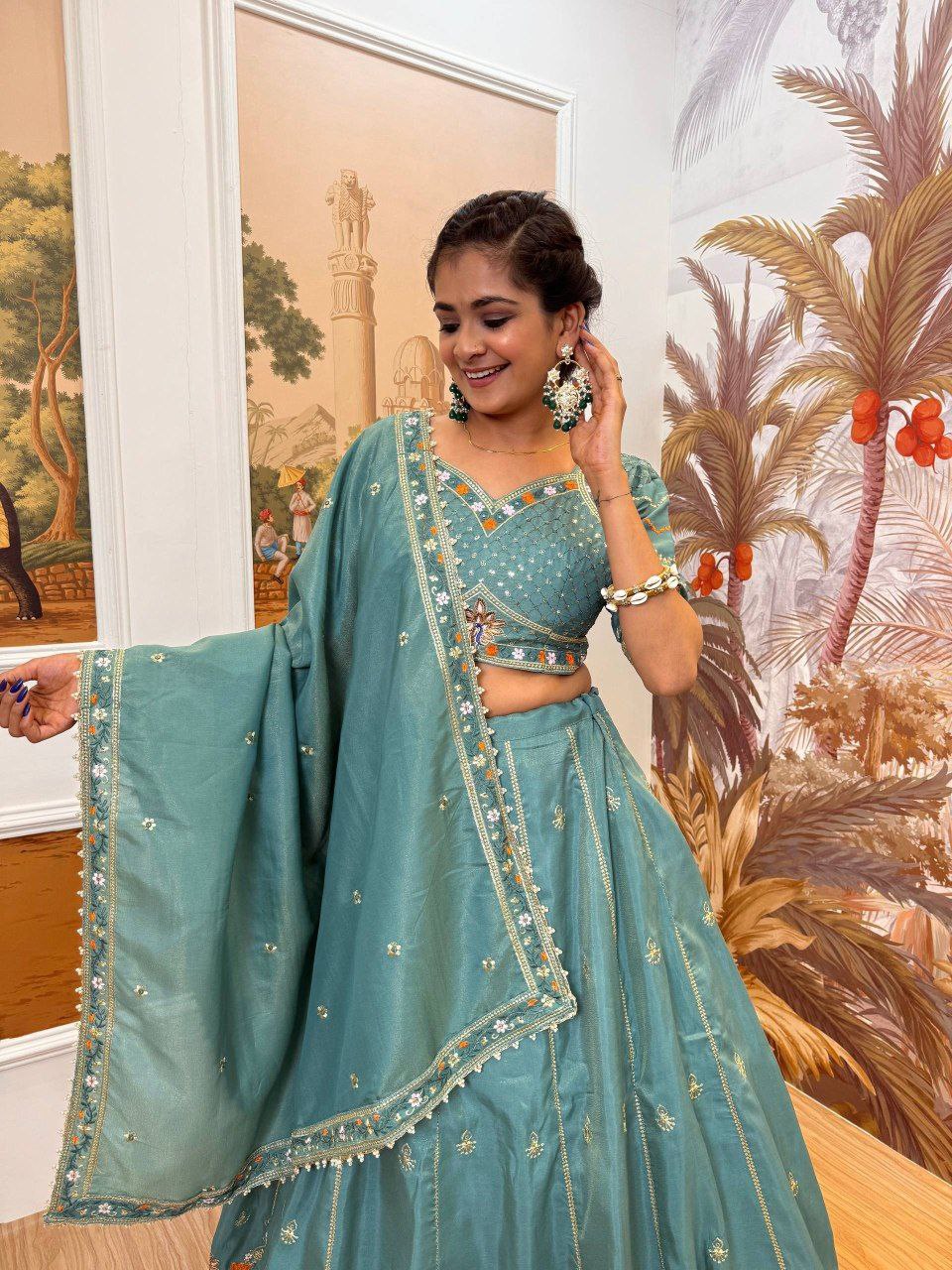 Sage Green & Burnt Rust-Orange Premium Shimmer Embroidered Lehenga, Blouse & Dupatta Set