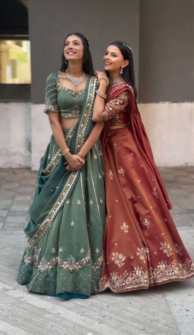 Sage Green & Burnt Rust-Orange Premium Shimmer Embroidered Lehenga, Blouse & Dupatta Set
