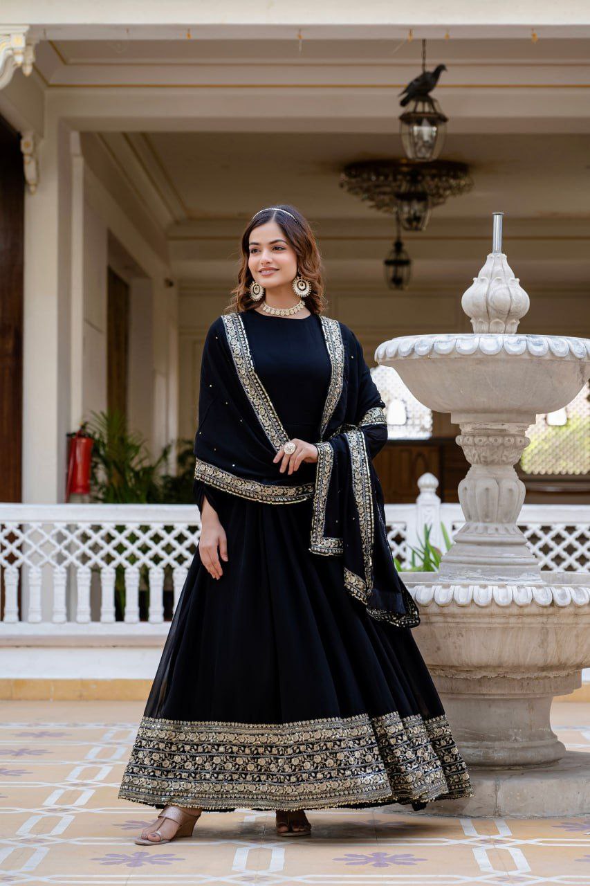 Black Faux Blooming Gown with Rich Sequins Embroidered Dupatta
