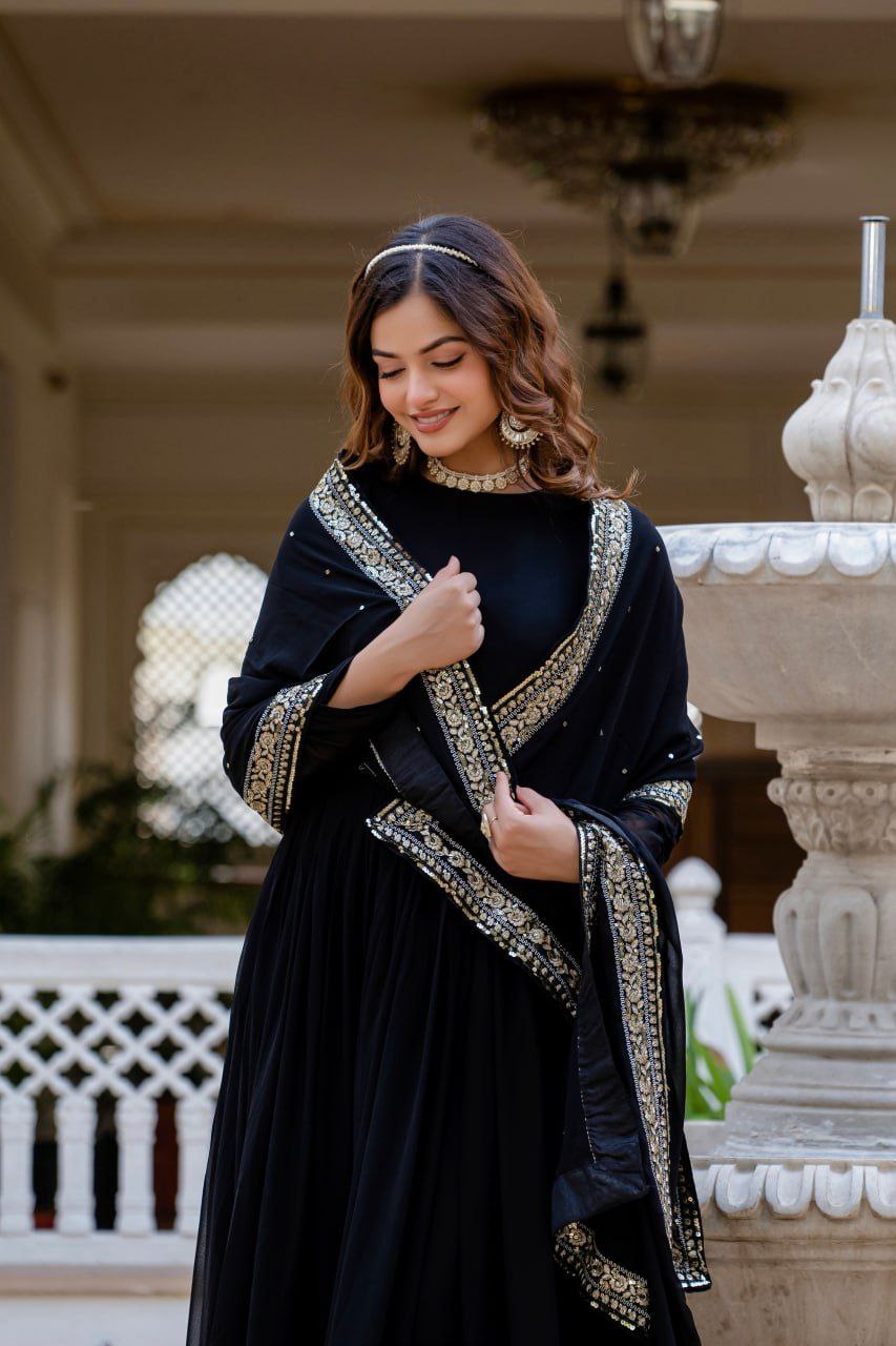Black Faux Blooming Gown with Rich Sequins Embroidered Dupatta