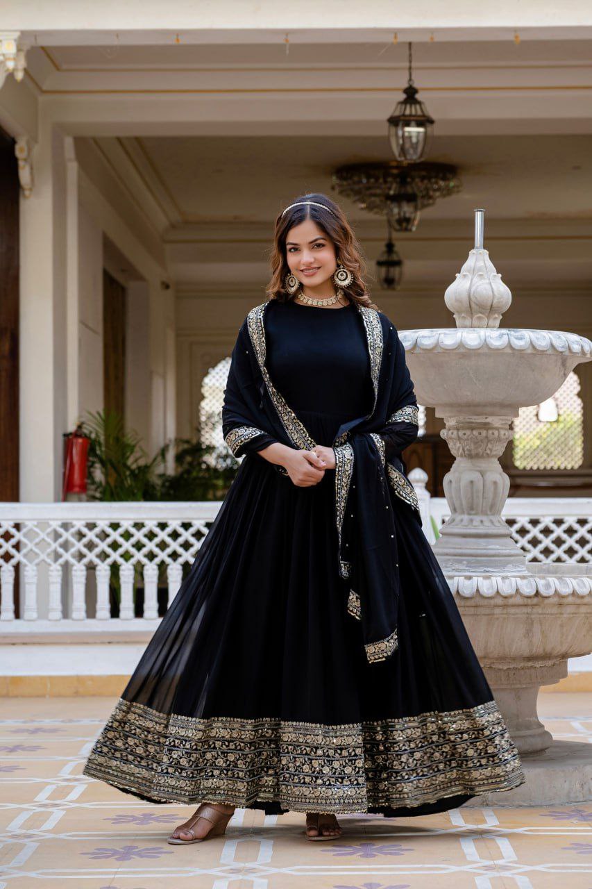 Black Faux Blooming Gown with Rich Sequins Embroidered Dupatta