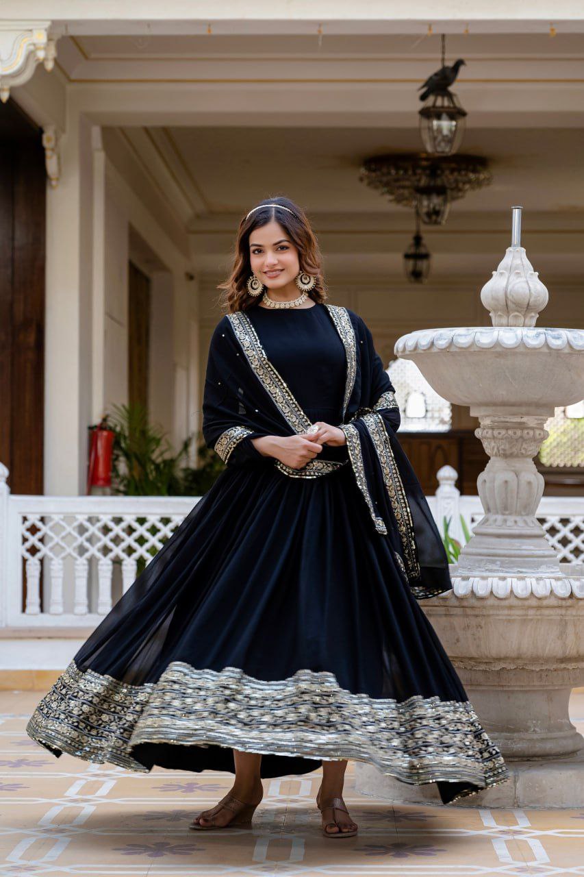Black Faux Blooming Gown with Rich Sequins Embroidered Dupatta