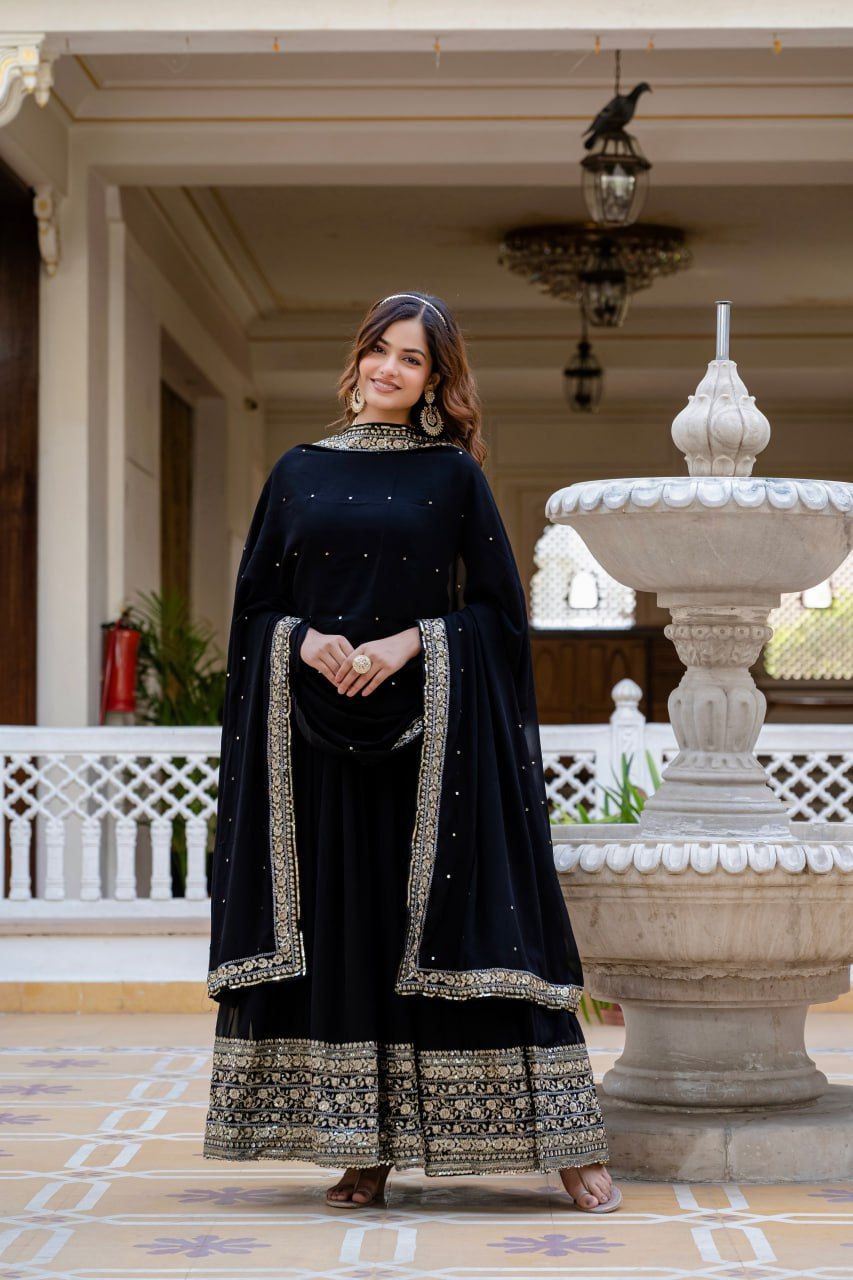 Black Faux Blooming Gown with Rich Sequins Embroidered Dupatta