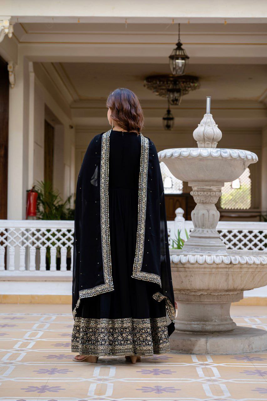 Black Faux Blooming Gown with Rich Sequins Embroidered Dupatta