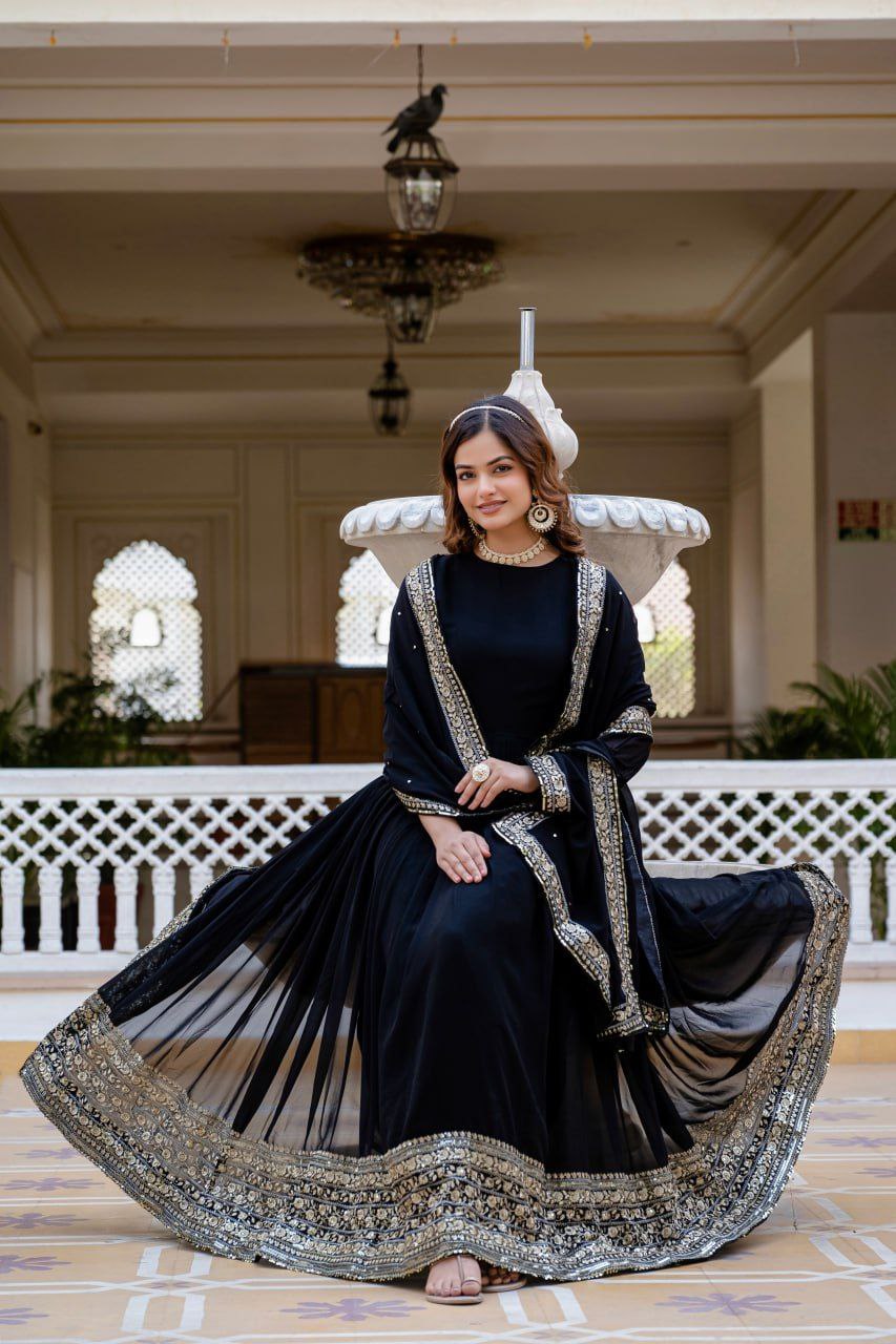Black Faux Blooming Gown with Rich Sequins Embroidered Dupatta